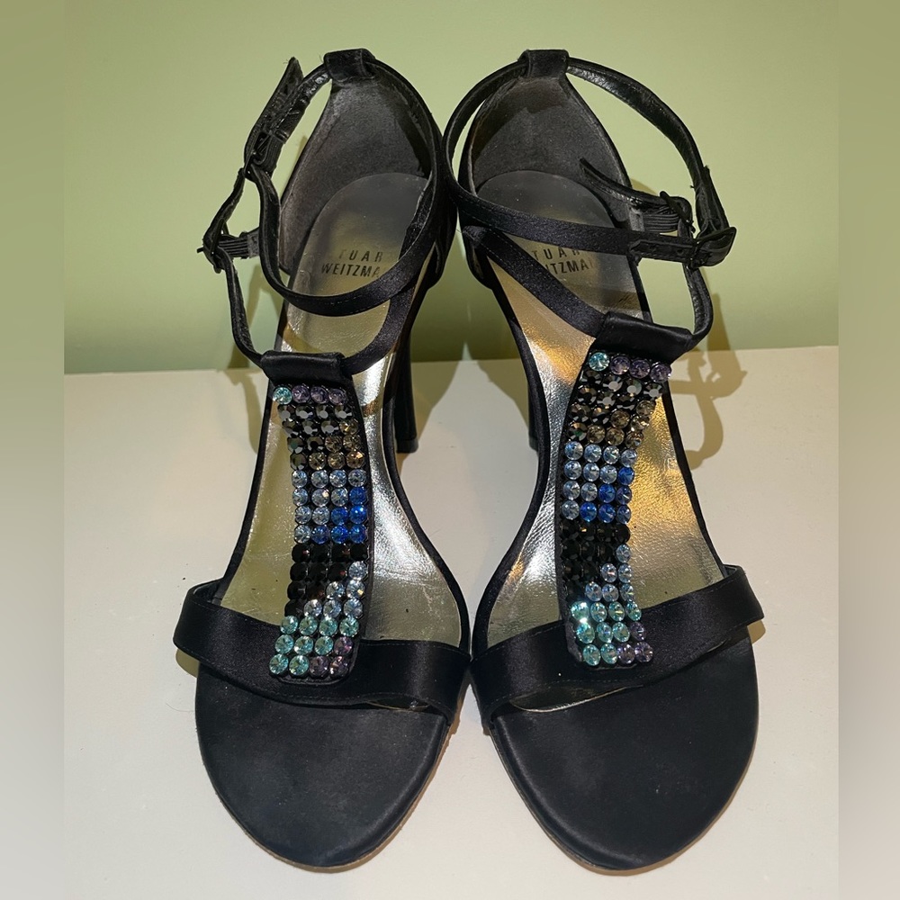 Stuart Weitzman 7.5 black satin heel with blue stones